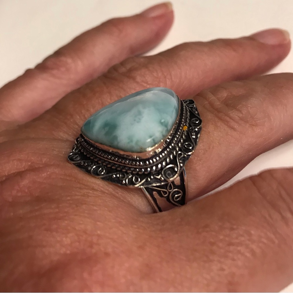 Larimar Stamped 925 Sterling Silver Ring